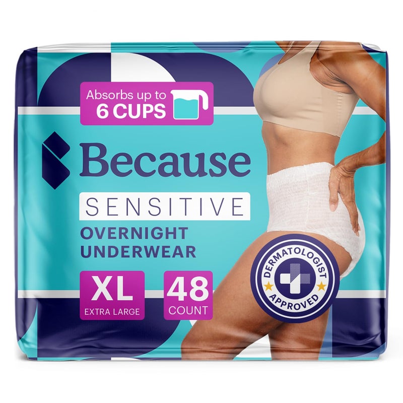 Because Adult Incontinence Underwear for Sensitive Skin Women Premium Overnight Disposable Briefs Anti Odor White XLarge Absorbs 6 Cups 48 Count 4 Packs of 12